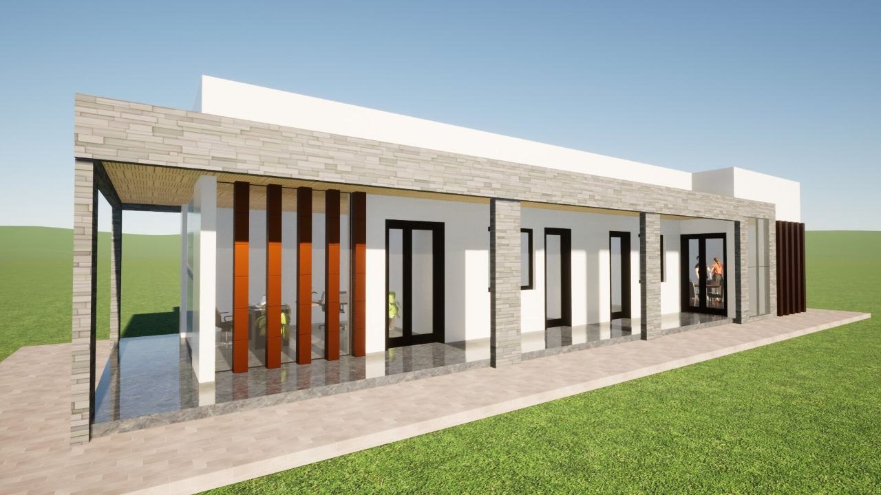 Admin office building — front elevation with stone cladding and colonnade