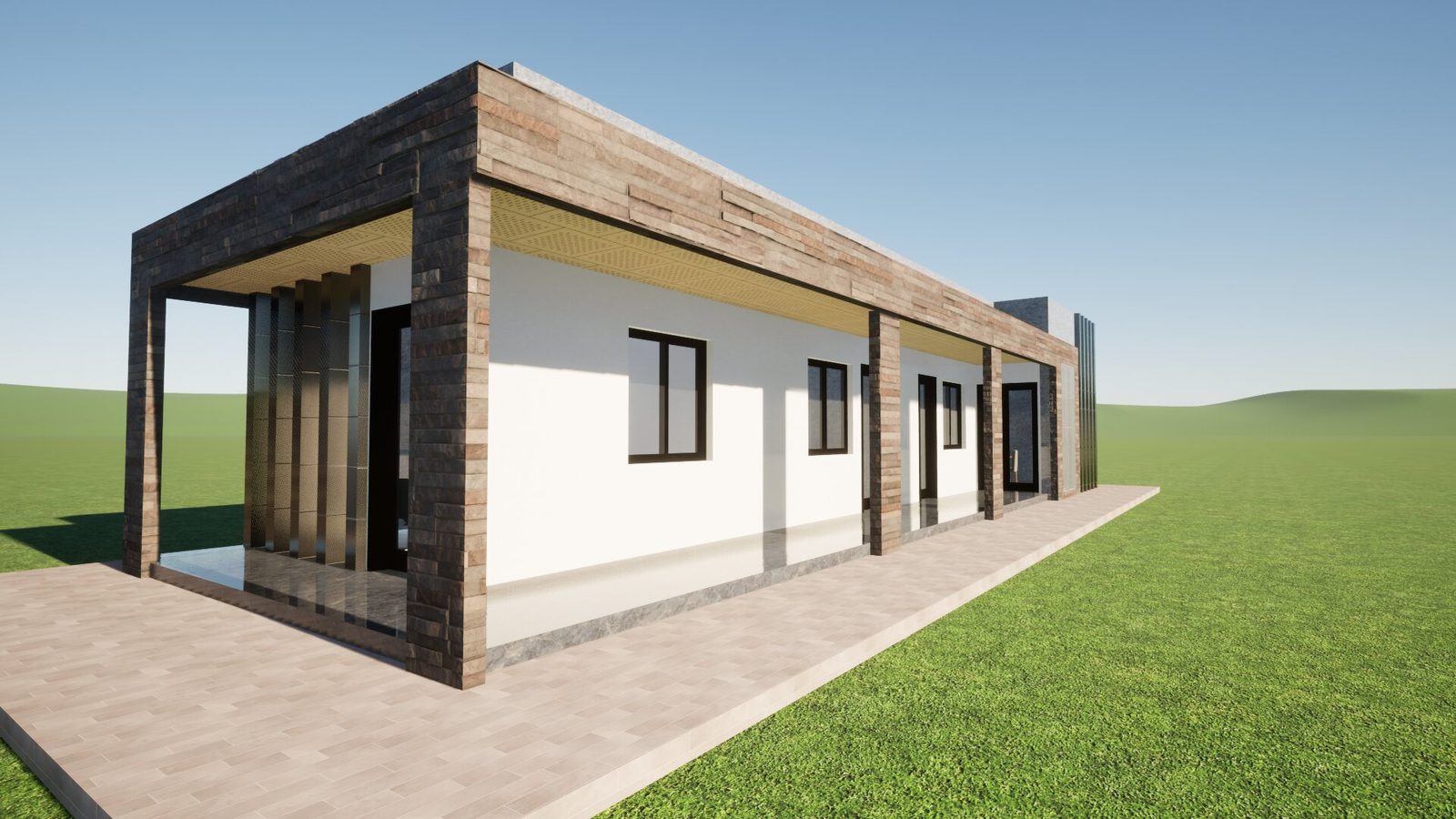 Admin office building — side elevation with textured stone facade