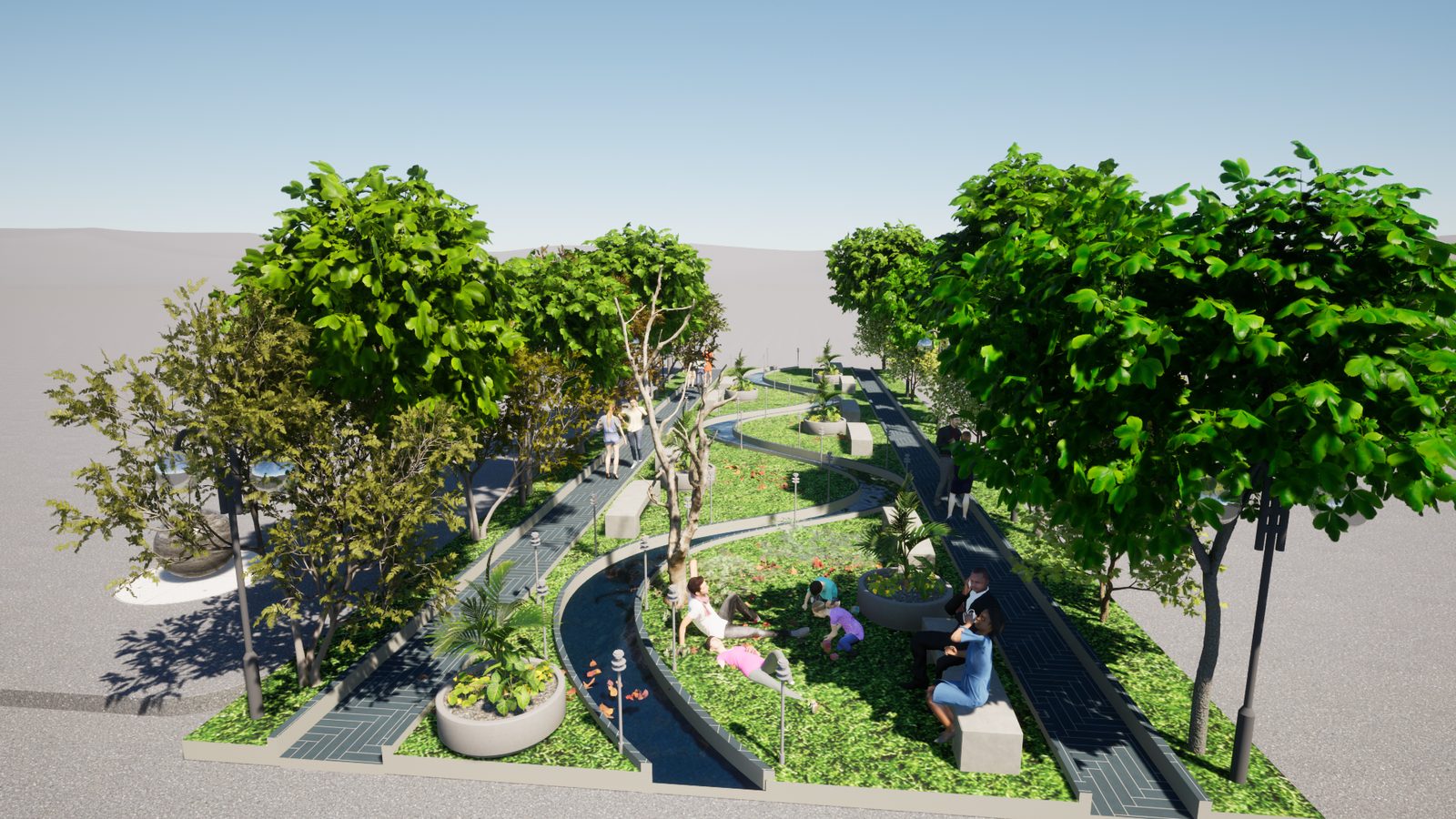Public green space — landscaped walkway with water channel and seating
