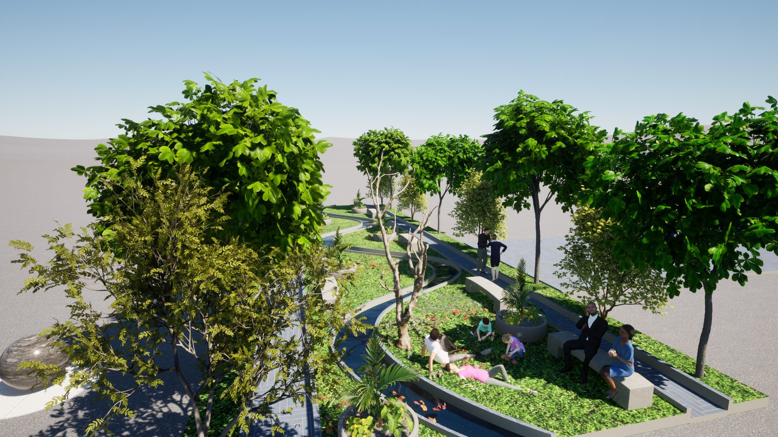 Public green space — aerial view of planted corridor