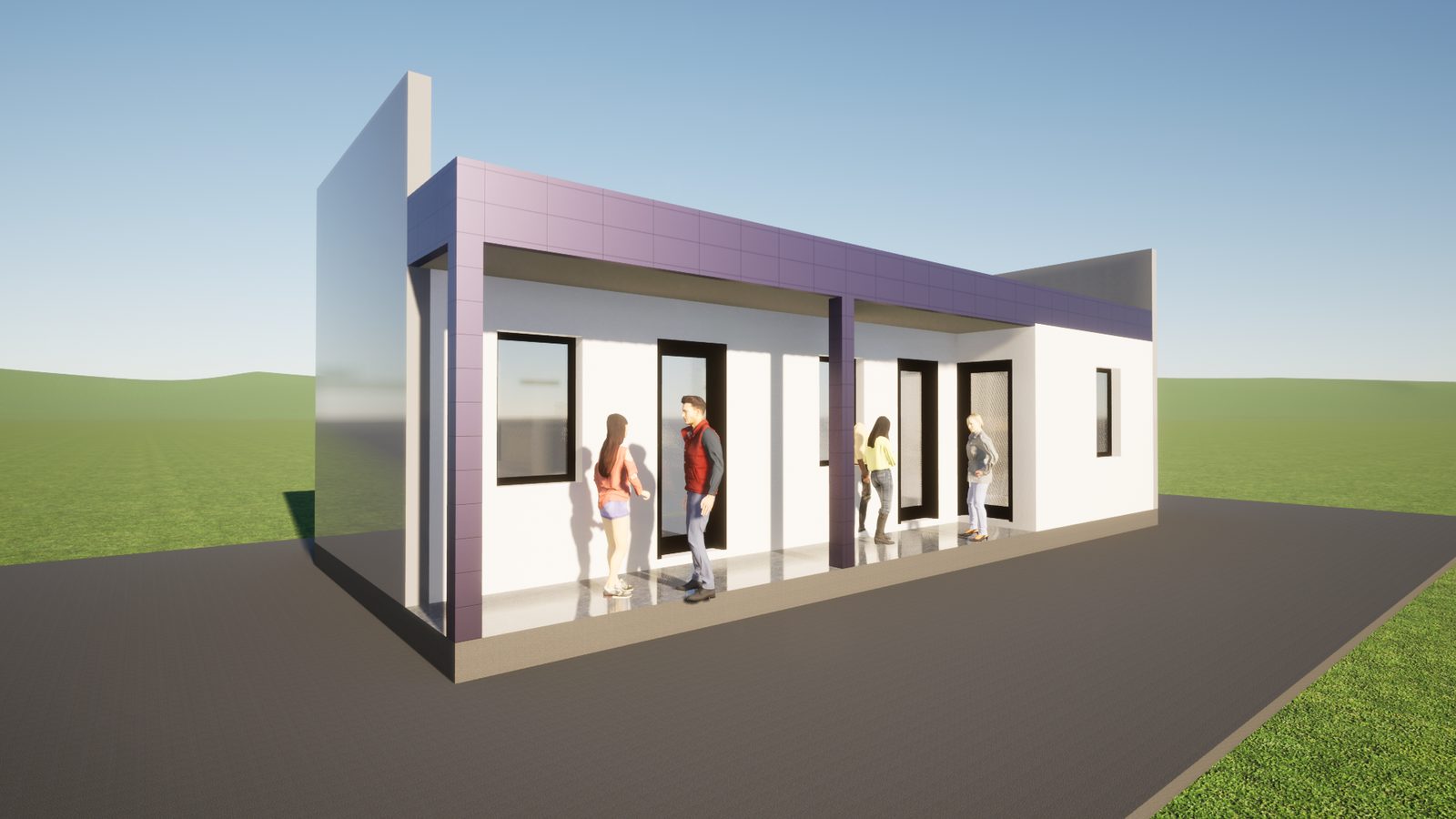 Kebele office — perspective view with purple accent facade